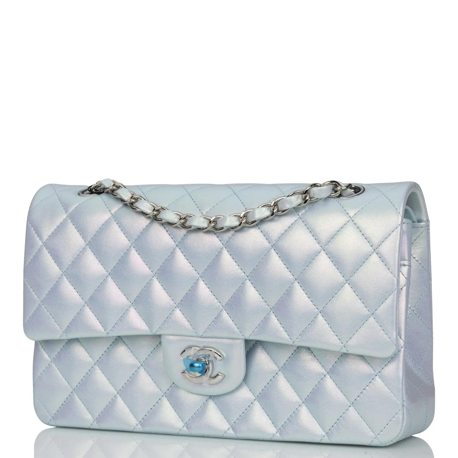 Chanel Medium Classic Double Flap Bag Blue Iridescent Lambskin Silver Hardware