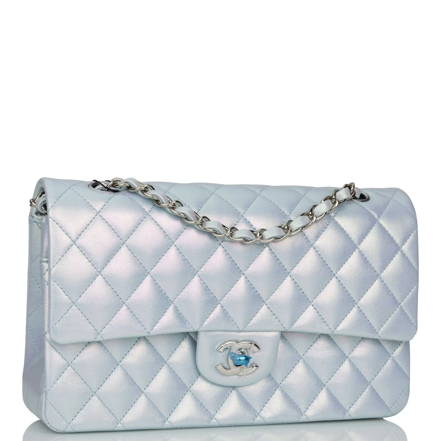 Chanel Medium Classic Double Flap Bag Blue Iridescent Lambskin Silver Hardware