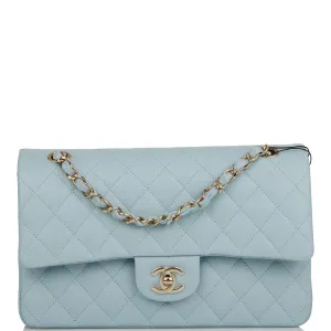 Chanel Medium Classic Double Flap Bag Blue Quilted Caviar Light Gold Hardware