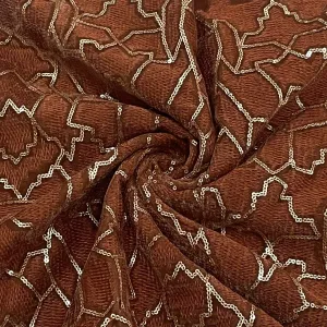 Classic Dusky Orange Abstract Sequins Embroidery Velvet Fabric