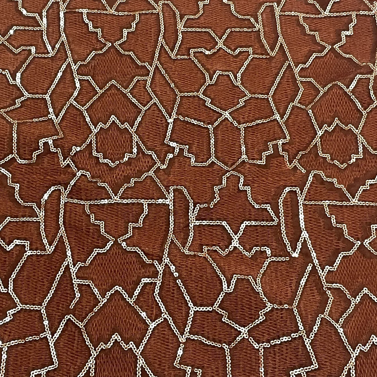 Classic Dusky Orange Abstract Sequins Embroidery Velvet Fabric