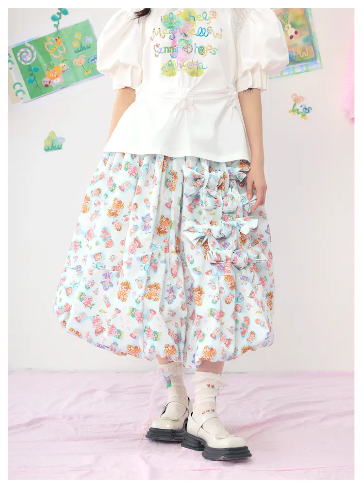 Colourful Printed Bowknot Blue Large Silhouette Half Skirt【s0000009073】