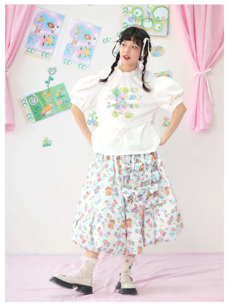 Colourful Printed Bowknot Blue Large Silhouette Half Skirt【s0000009073】