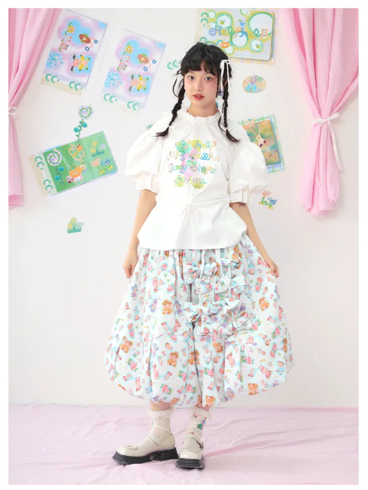 Colourful Printed Bowknot Blue Large Silhouette Half Skirt【s0000009073】