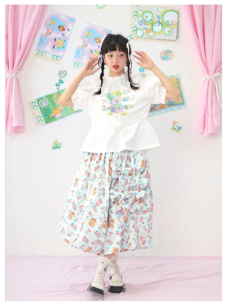 Colourful Printed Bowknot Blue Large Silhouette Half Skirt【s0000009073】