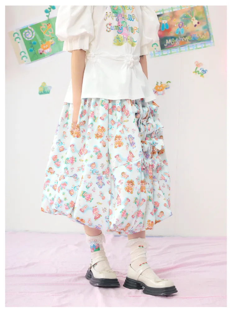 Colourful Printed Bowknot Blue Large Silhouette Half Skirt【s0000009073】