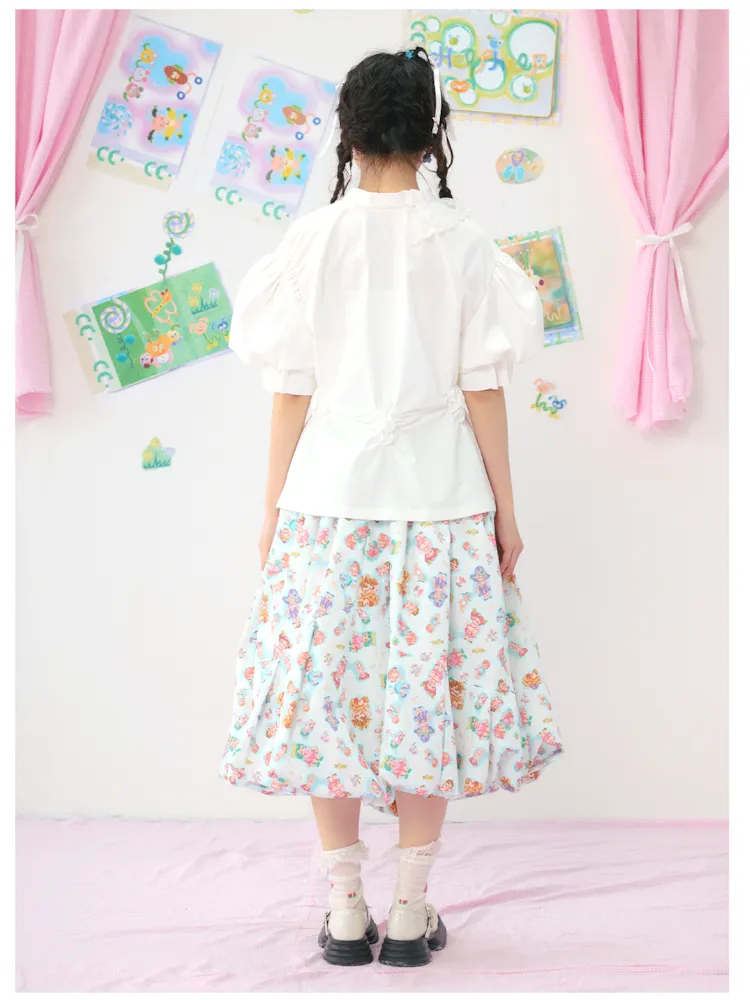 Colourful Printed Bowknot Blue Large Silhouette Half Skirt【s0000009073】