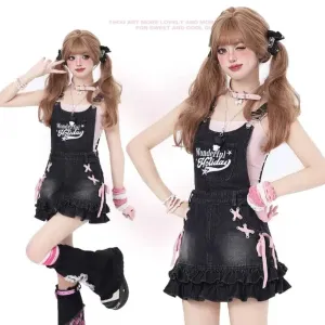 Crazy Girl Wonderful Holiday Black Denim Ruffle Suspender Skirt