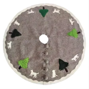 Cream Dogs and Green Trees Christmas Tree Skirt on Gray in Hand Felted Wool - 60"