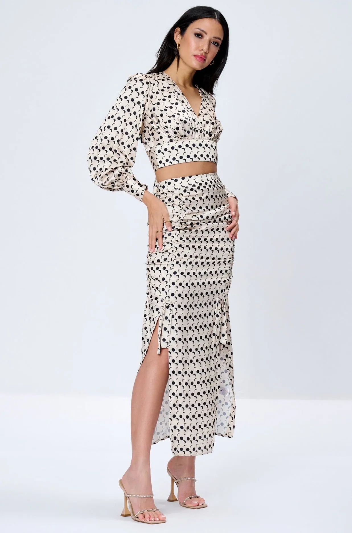 Cream Moon Phase Print Drawstring Skirt