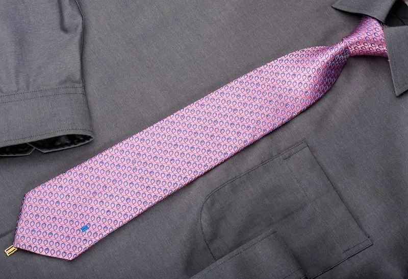 Daks Men's Rhinestone Silk Necktie Purple Spirals On Pink With Pink Sparkles