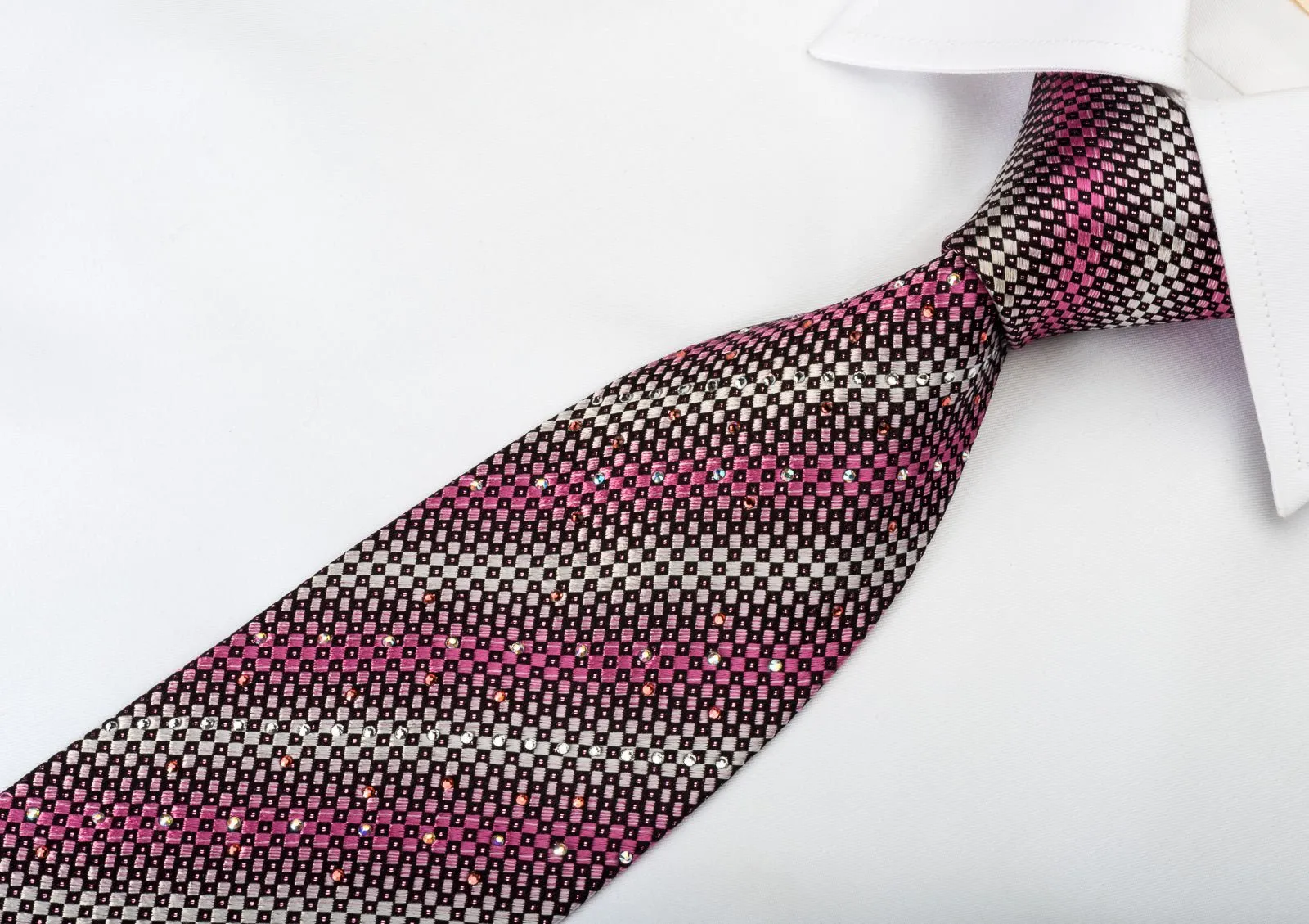 Daniel Hechter Silk Rhinestone Tie Silver Pink Black Checkered Striped With Pink Sparkles