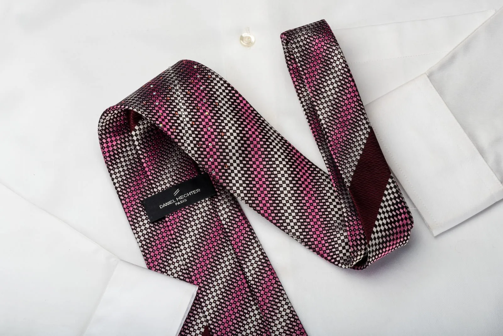 Daniel Hechter Silk Rhinestone Tie Silver Pink Black Checkered Striped With Pink Sparkles