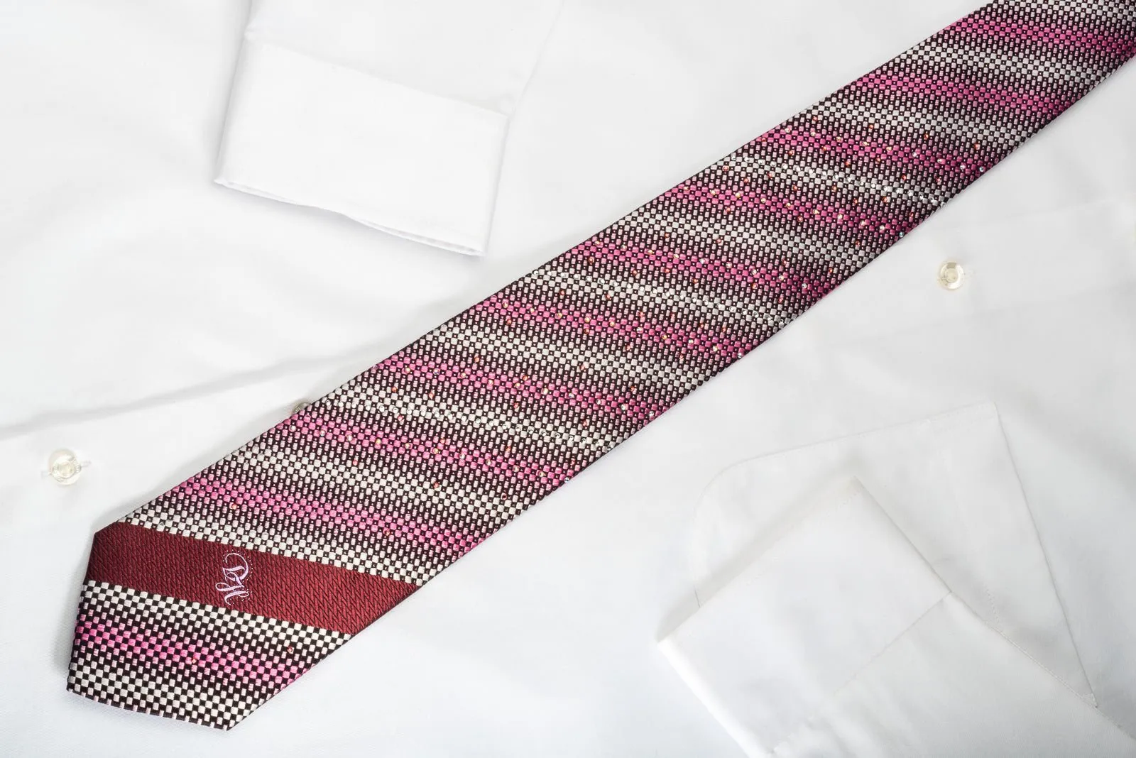 Daniel Hechter Silk Rhinestone Tie Silver Pink Black Checkered Striped With Pink Sparkles