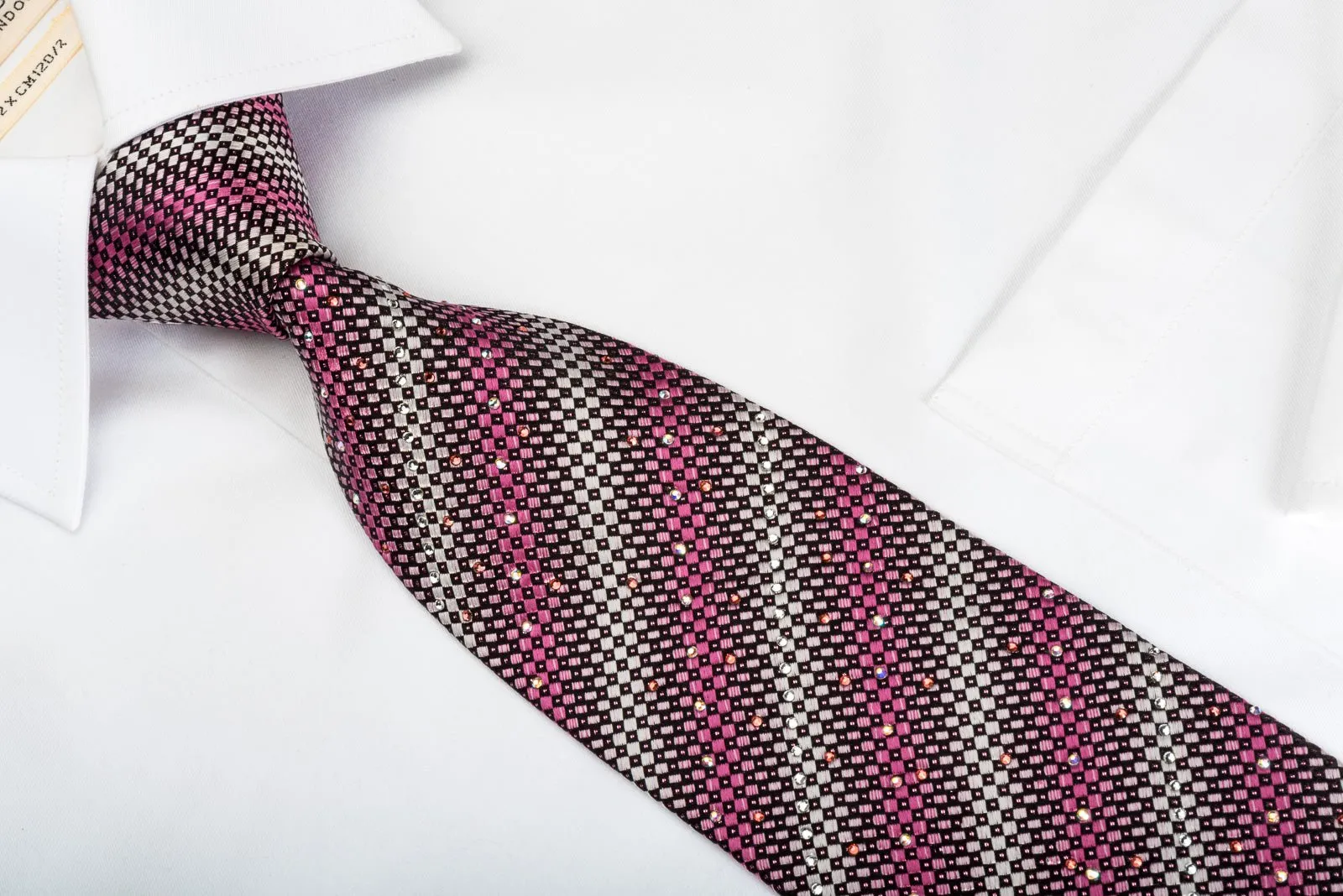 Daniel Hechter Silk Rhinestone Tie Silver Pink Black Checkered Striped With Pink Sparkles