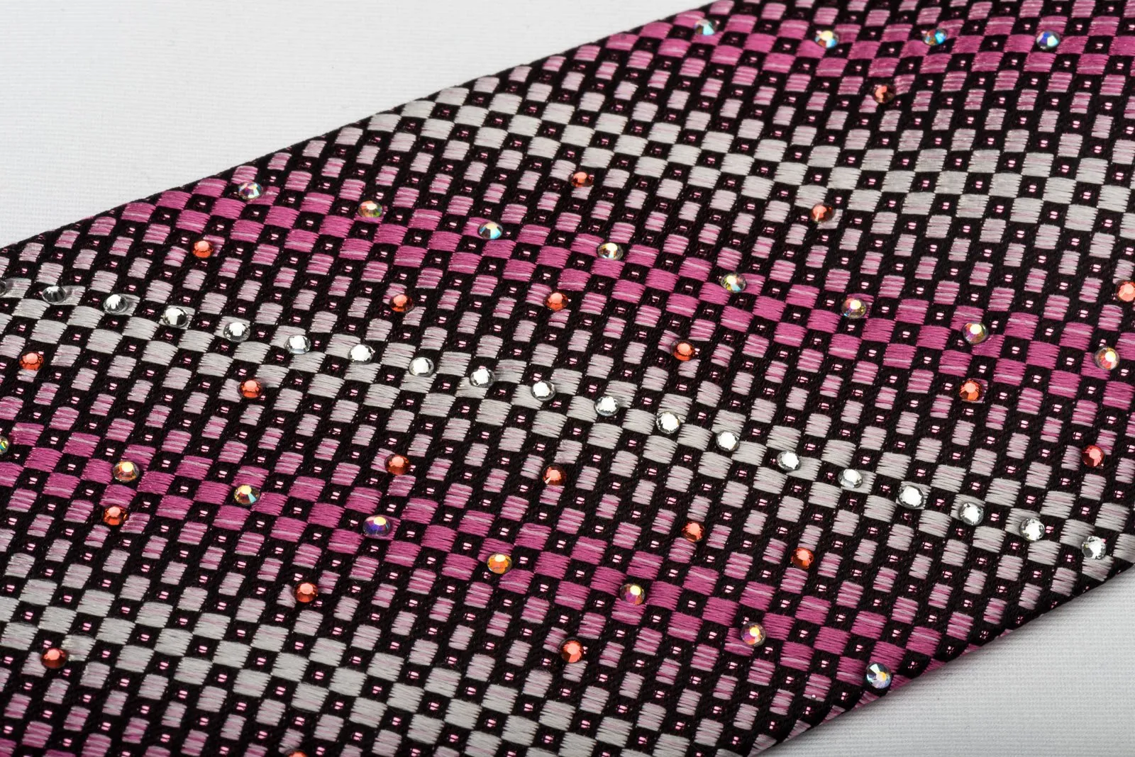 Daniel Hechter Silk Rhinestone Tie Silver Pink Black Checkered Striped With Pink Sparkles