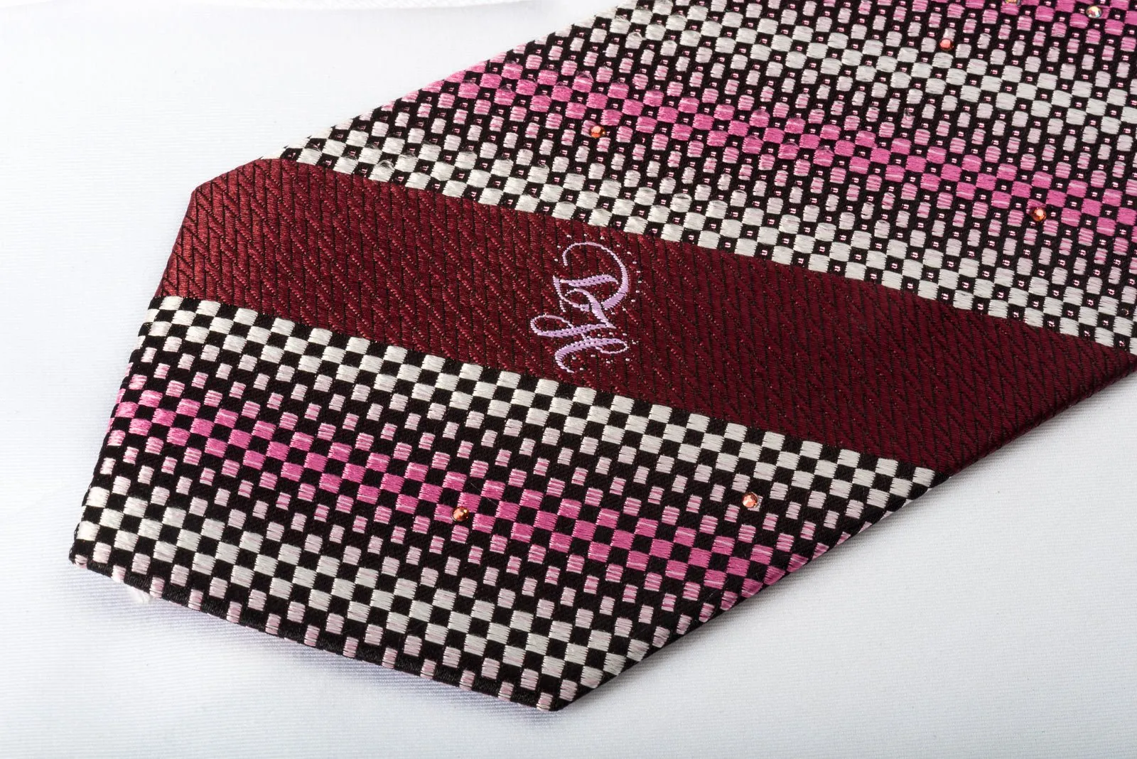 Daniel Hechter Silk Rhinestone Tie Silver Pink Black Checkered Striped With Pink Sparkles