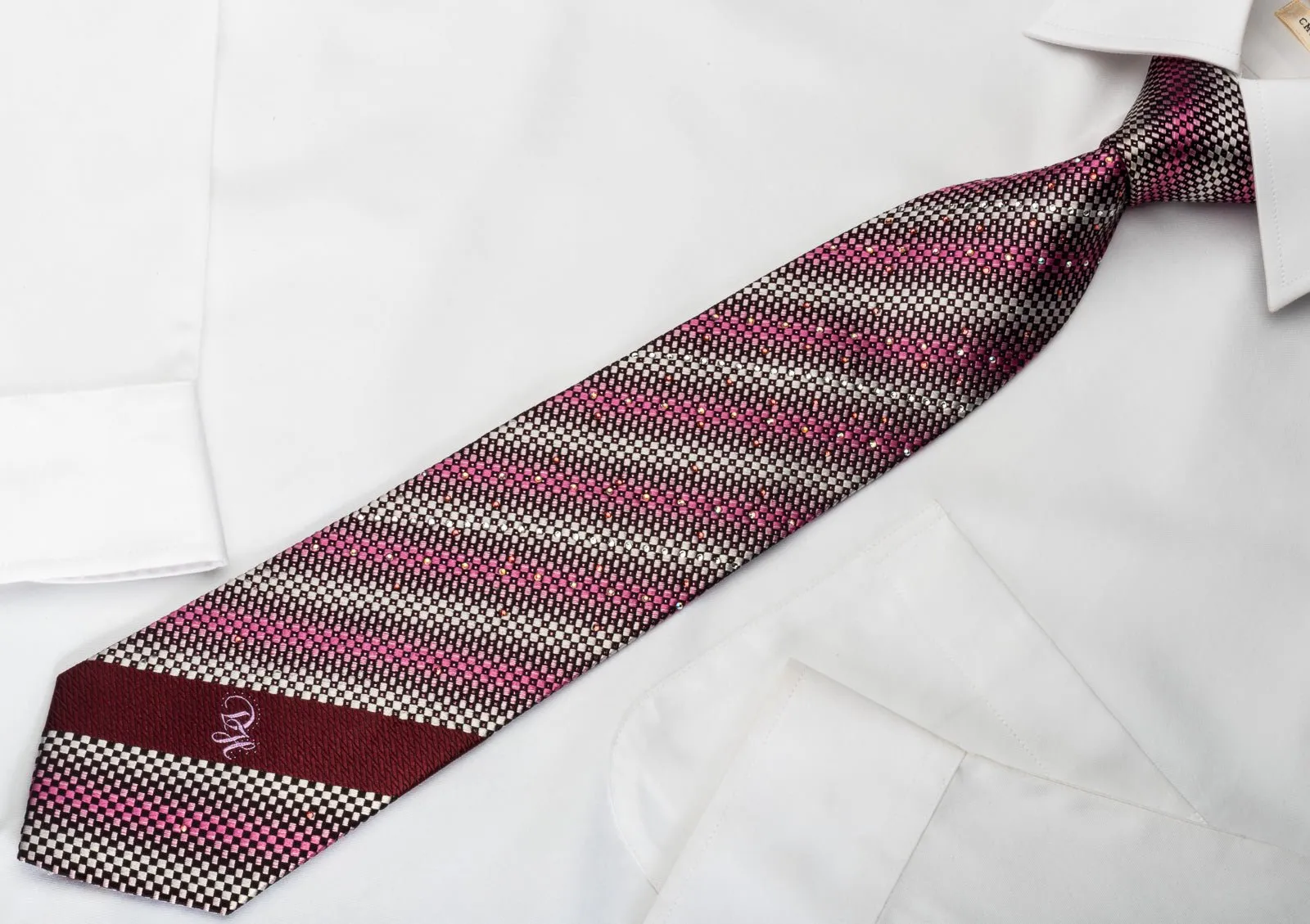 Daniel Hechter Silk Rhinestone Tie Silver Pink Black Checkered Striped With Pink Sparkles