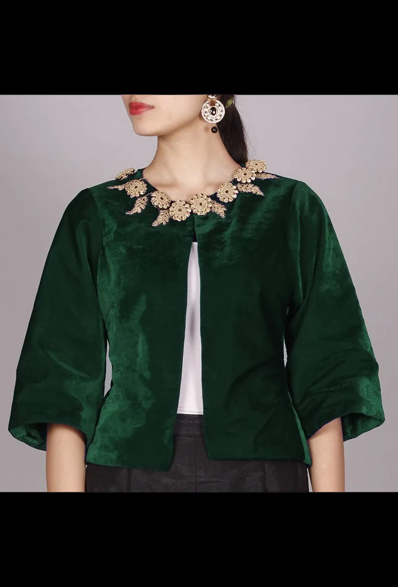 Dark Green Velvet Crop Jacket