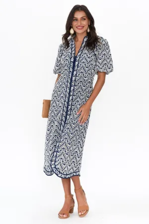 Delphine Navy Embroidered Cotton Tie Dress