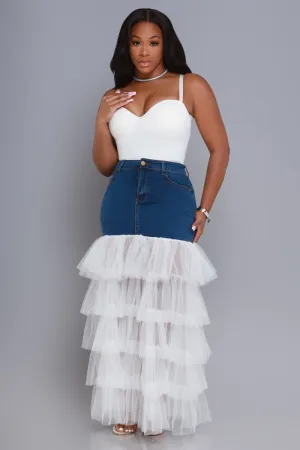 Deny Me This Ruffled Denim Maxi Skirt - Dark Wash/White