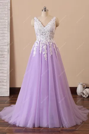 Elegant Lilac Tulle Ivory Lace V-neck Formal Gown