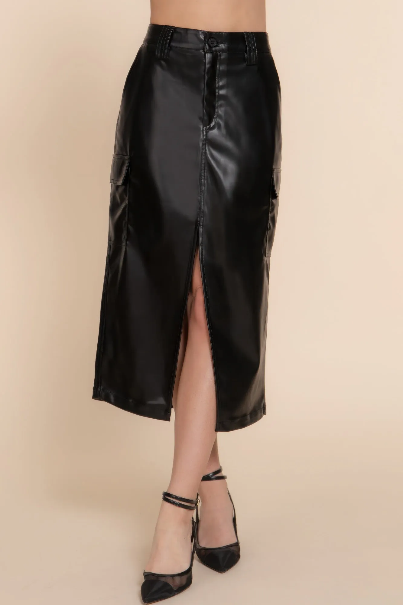 Faux Leather Midi Cargo Skirt