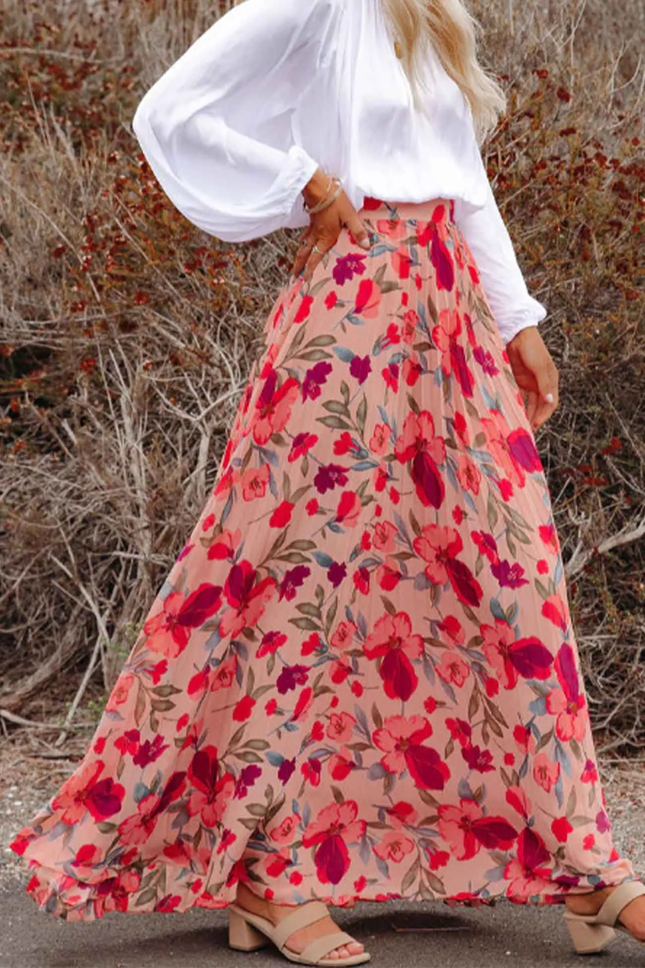 Floral Printed Elastic Waist Pleated Skirt