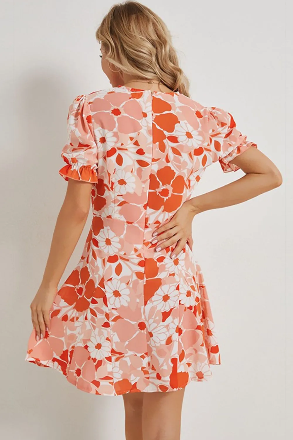 Floral Surplice Neck Flounce Sleeve Dress