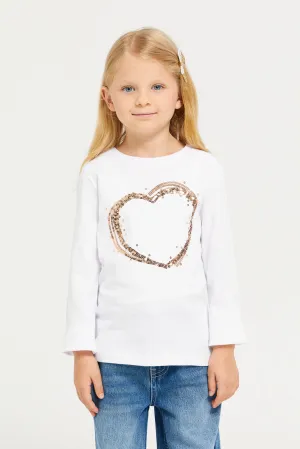 Girls White Heart Printed T-Shirt