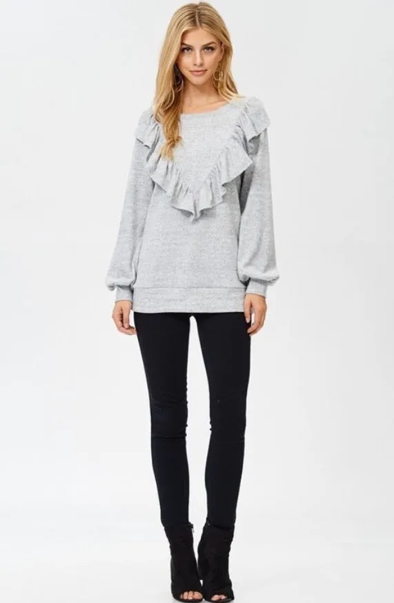 Gray Ruffle Knit Light Sweater Long Sleeve Casual Shirt Women