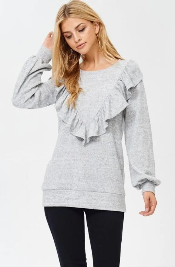 Gray Ruffle Knit Light Sweater Long Sleeve Casual Shirt Women