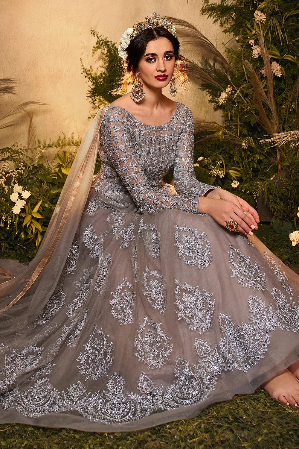 Grey Sequins Embroidered Net Anarkali Suit