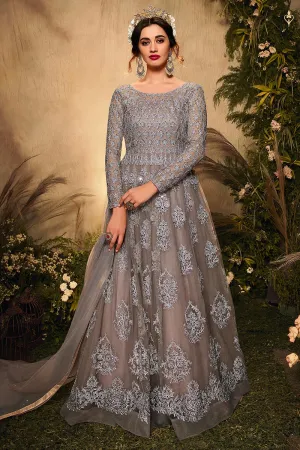 Grey Sequins Embroidered Net Anarkali Suit