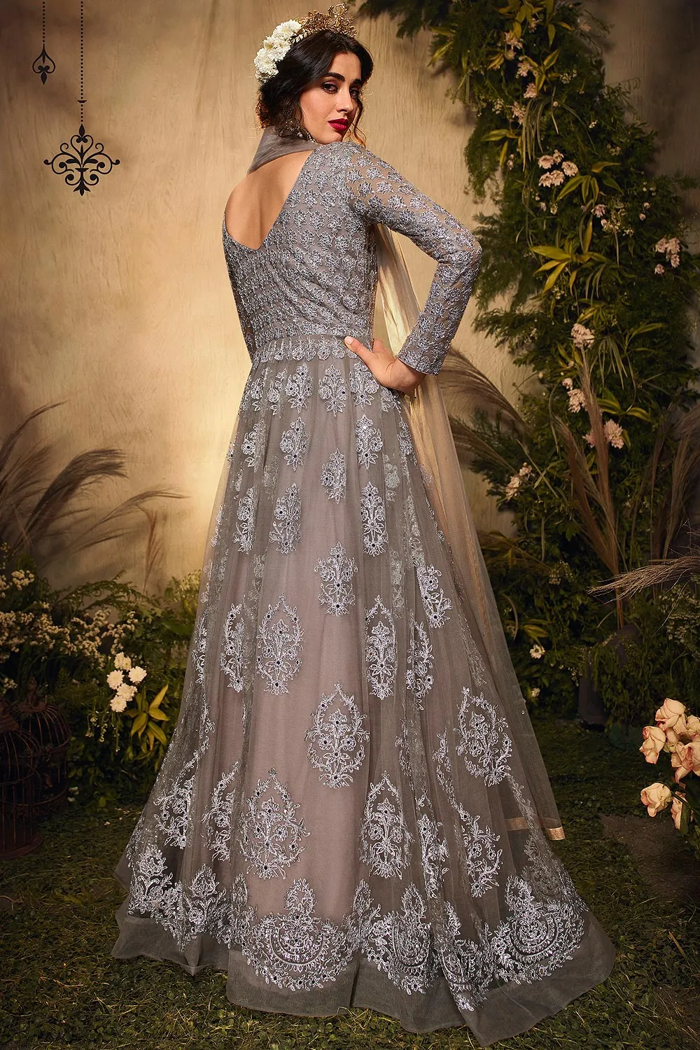 Grey Sequins Embroidered Net Anarkali Suit