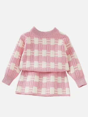 Little Surprise Box Pink & White  Checkered Pull over style 2 pcs top & Skirt Winterwear set- Girls