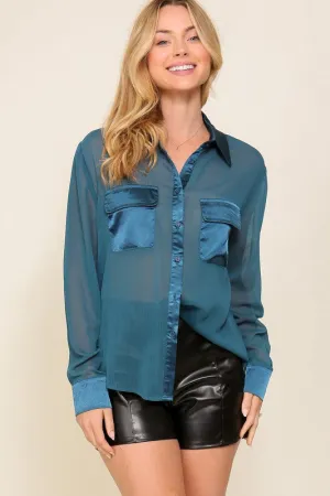 Long Sleeve Button Chiffon Blouse With Satin Trim