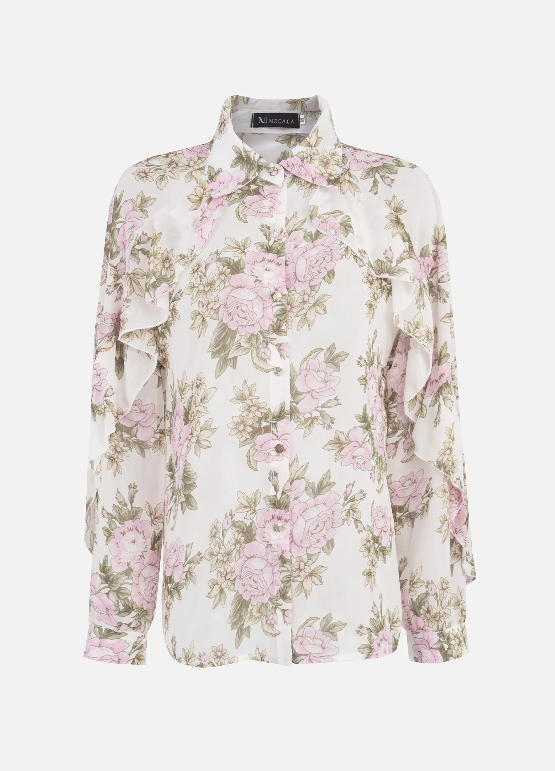 MECALA Women's Floral Print Long Sleeve Ruffled Trim Blouse