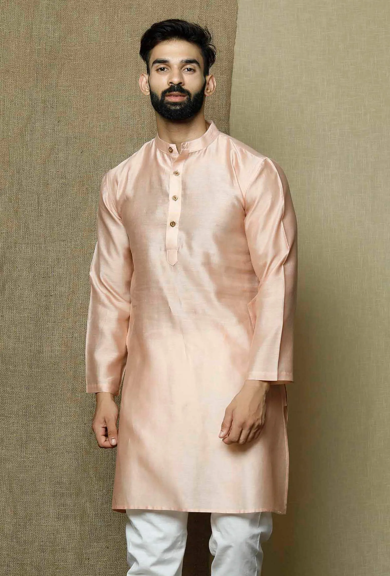 Muted Salmon Pink Pure Banarasi Silk Chanderi Kurta