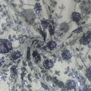 Navy Blue & Silver FLoral Shimmer Imported Sequence Embroidery Net Fabric