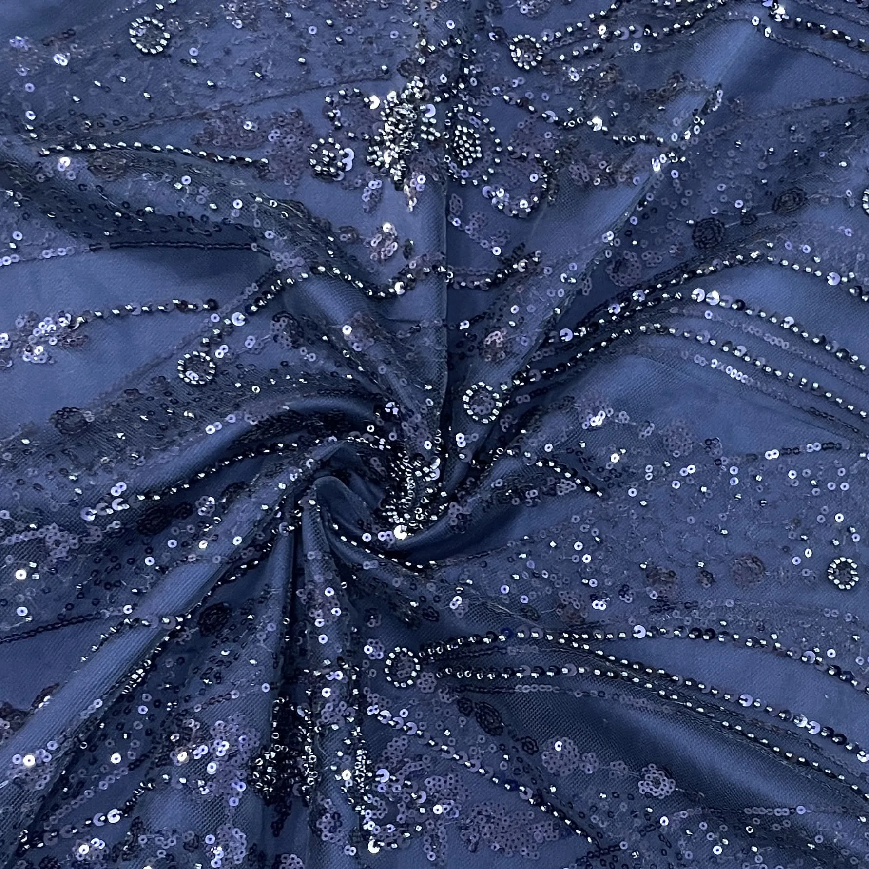 Navy Blue Cutdana Sequins Embroidery Net Fabric 19899