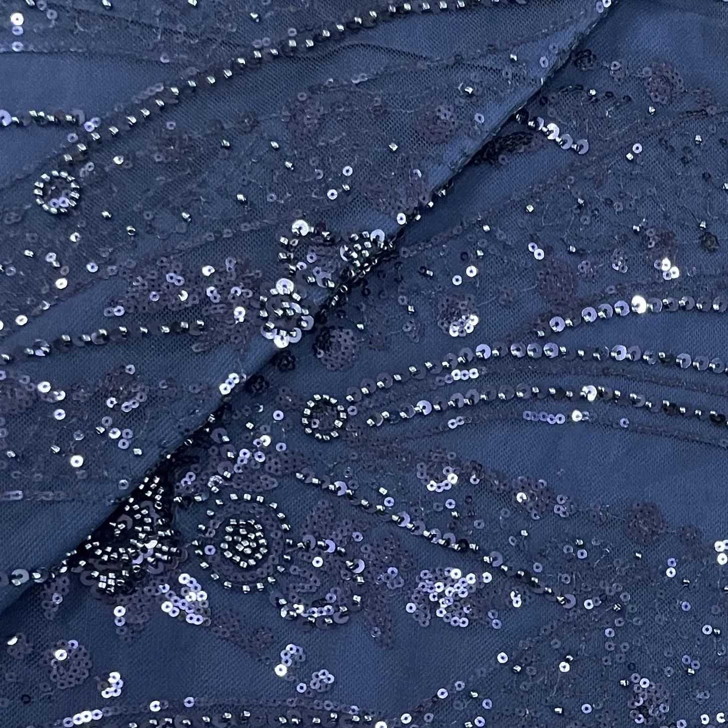 Navy Blue Cutdana Sequins Embroidery Net Fabric 19899