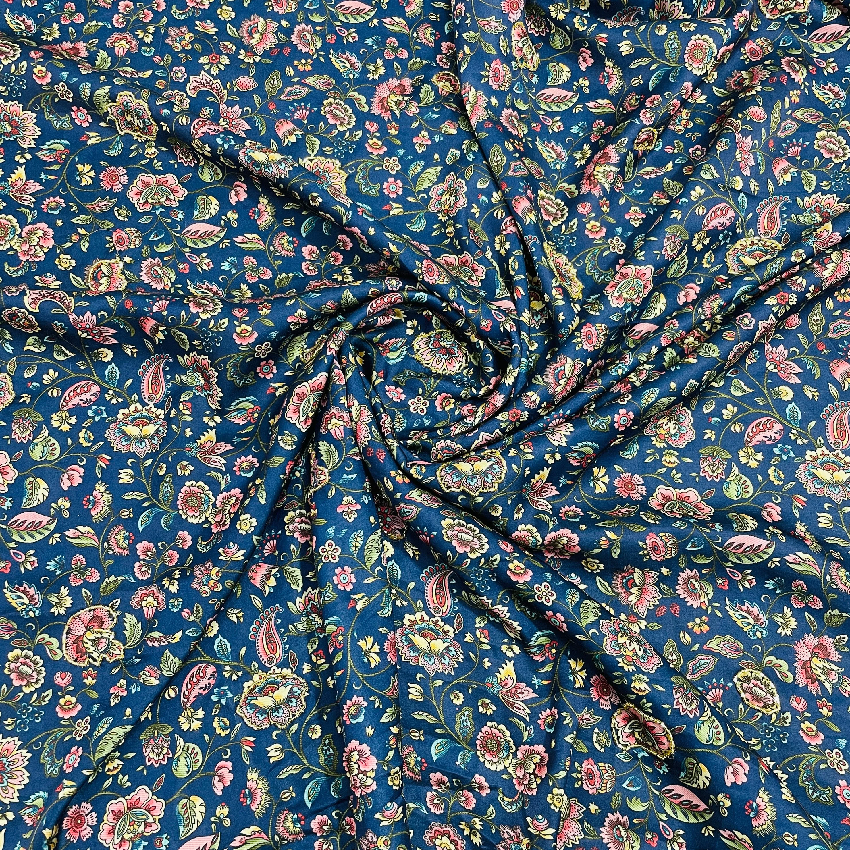 Navy Blue Floral Hand Embroidery Modal Satin Fabric 51