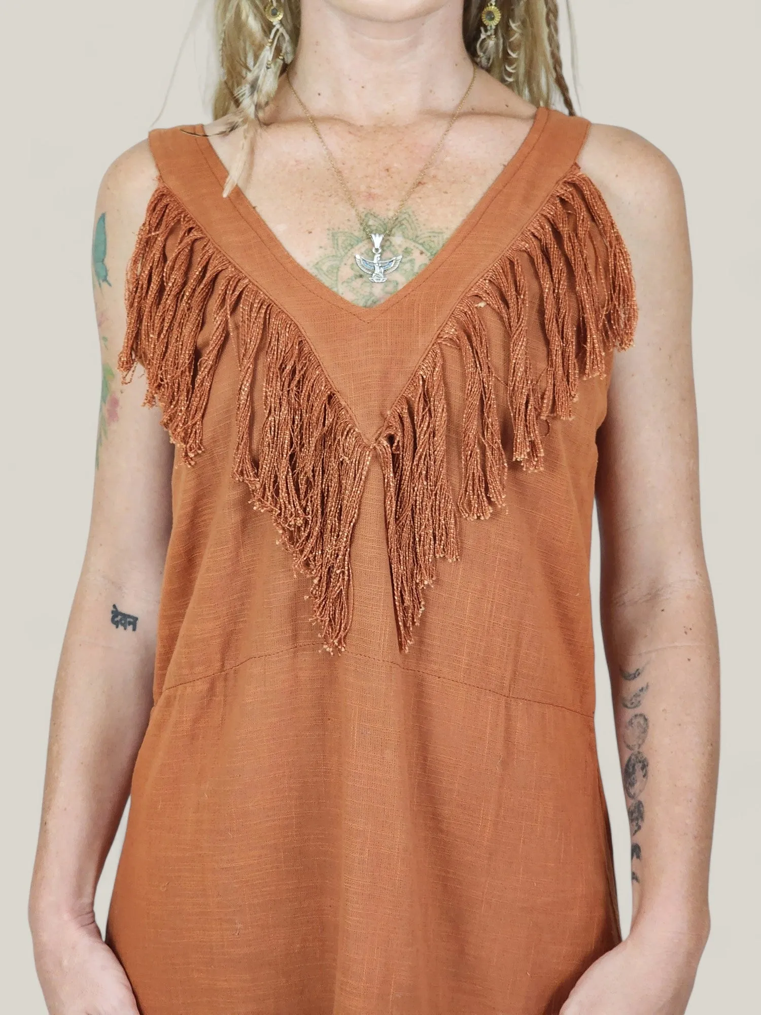 Orange Organic Linen Mini Dress with Fringe