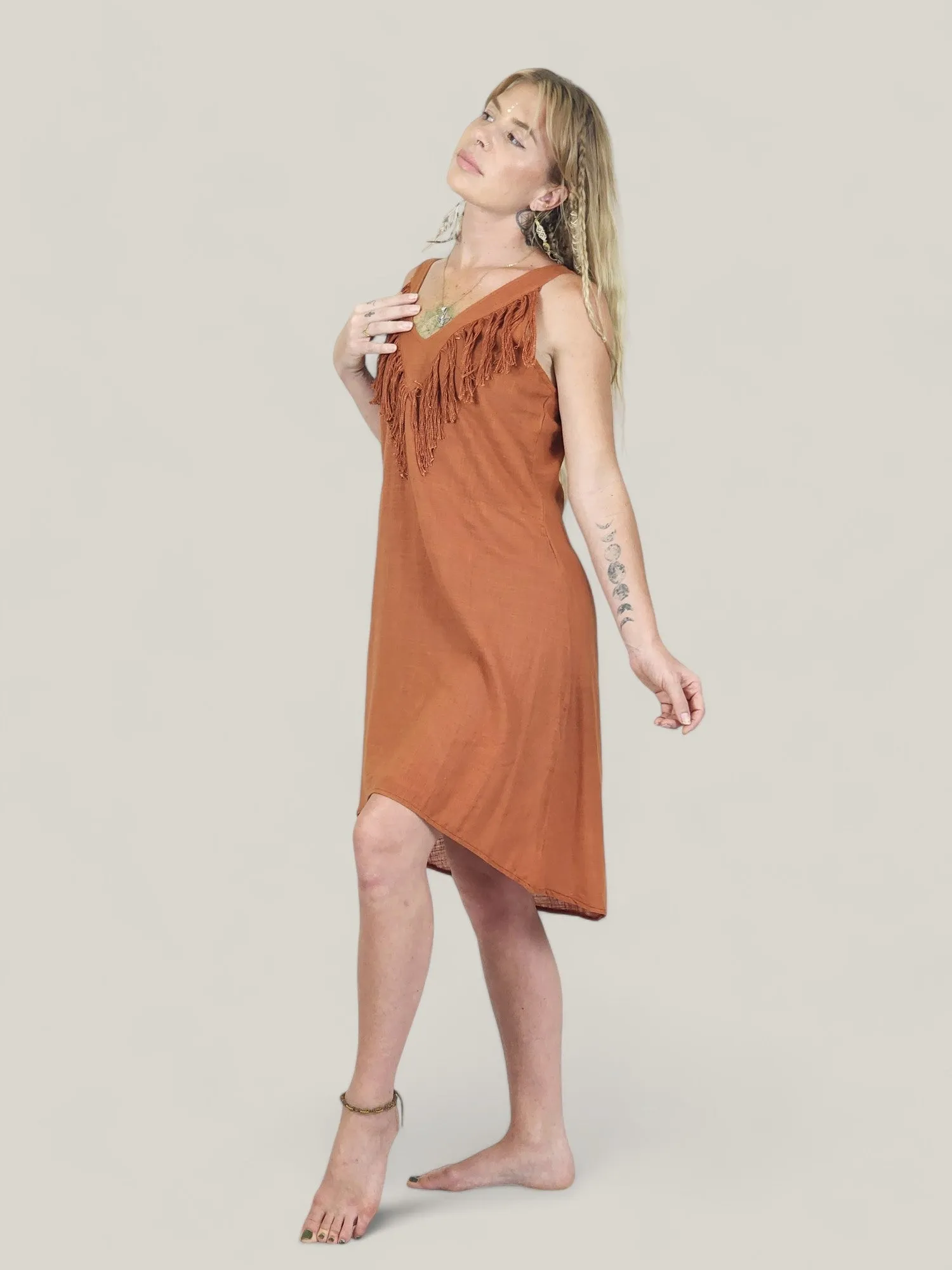 Orange Organic Linen Mini Dress with Fringe