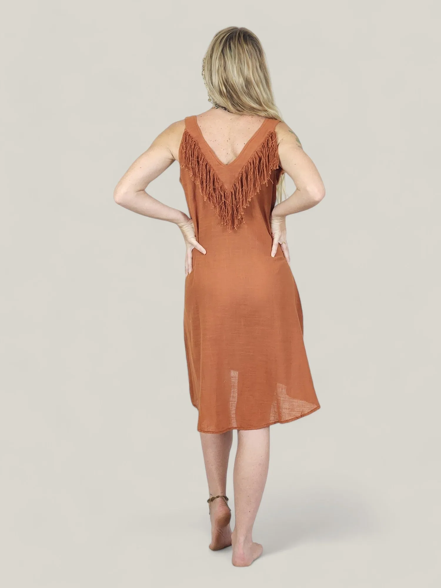 Orange Organic Linen Mini Dress with Fringe