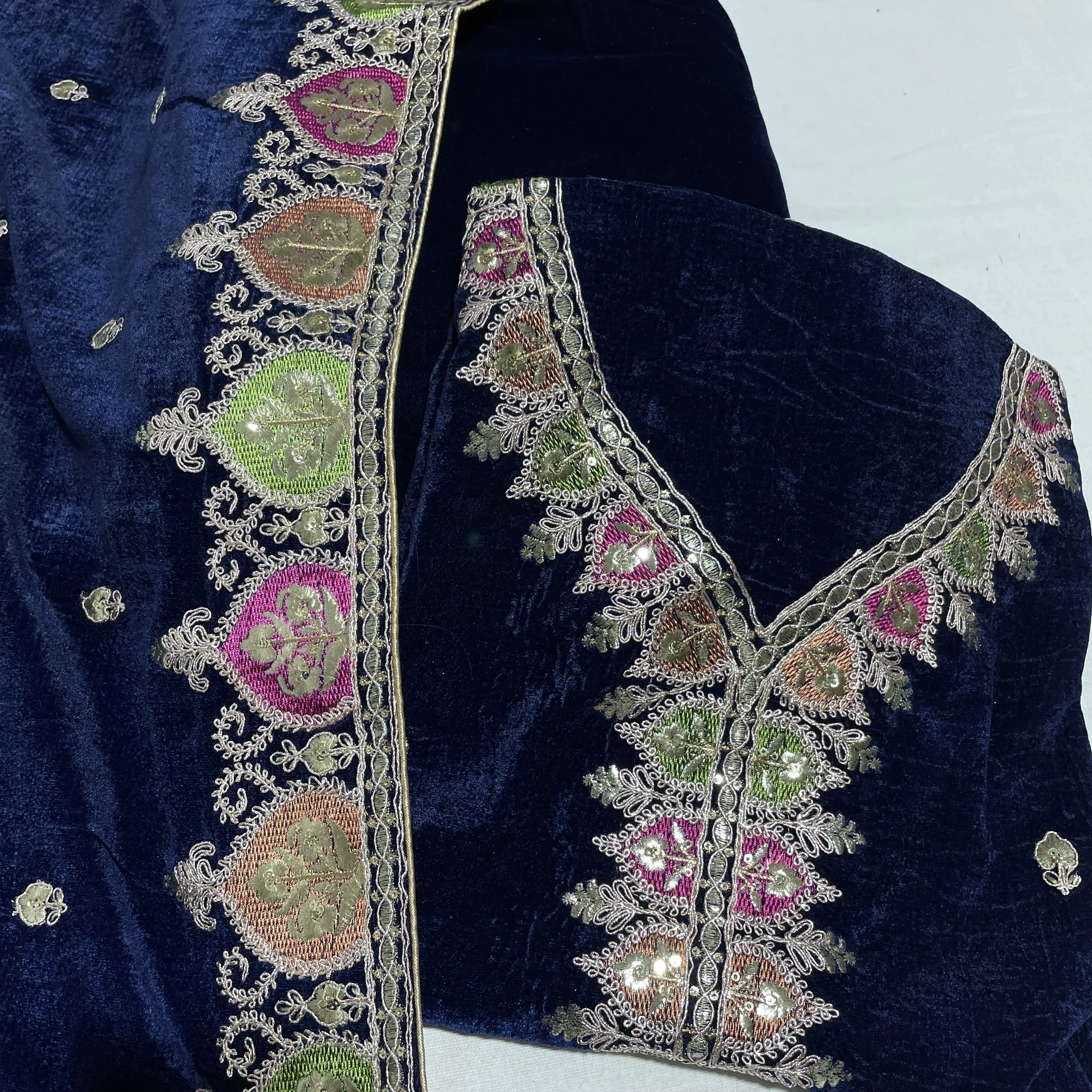 Premium Blue Multicolor Thread Sequins Embroidery Velvet Suit Set With Dupatta