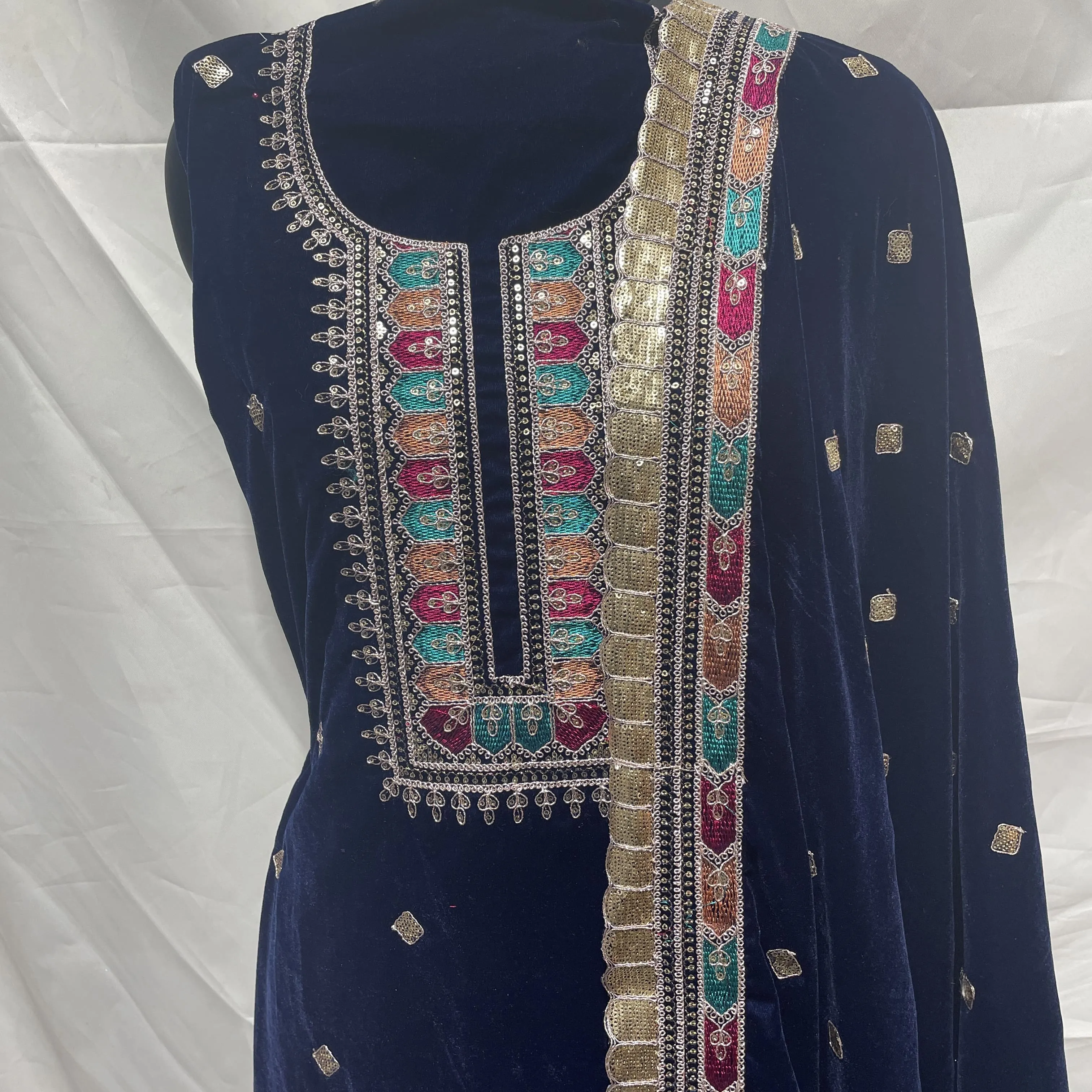 Premium Blue Thread Sequins Embroidery Velvet Suit Set With Dupatta