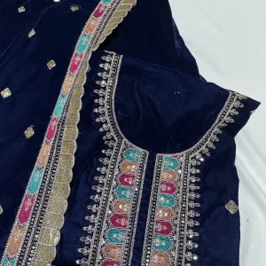 Premium Blue Thread Sequins Embroidery Velvet Suit Set With Dupatta