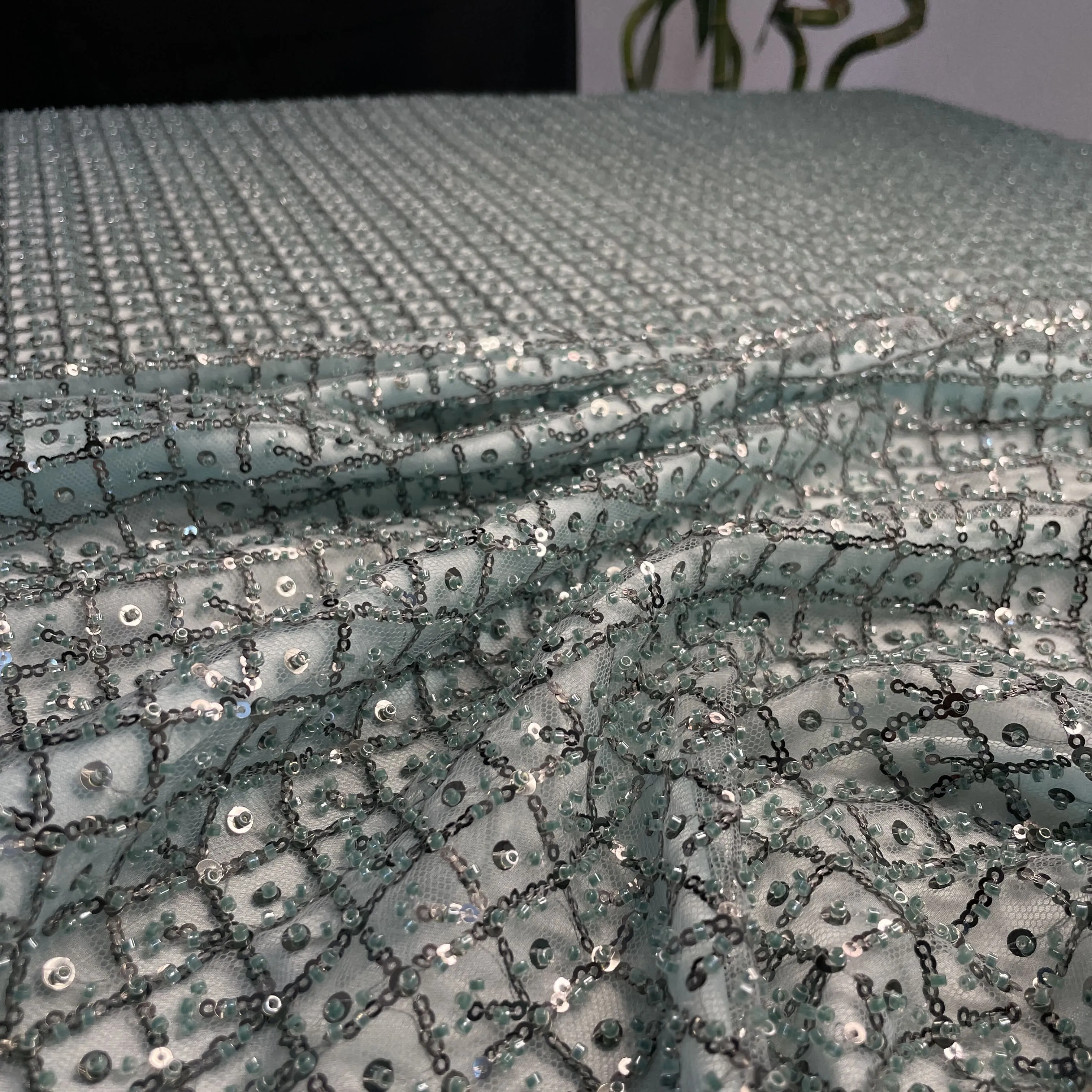 Premium Glacier Green Heavy Pearl Sequins CutDana Embroidery Net Fabric